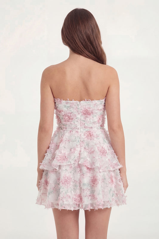 White Pink Flower Short A Line Strapless Graduation Dress with Ruffles