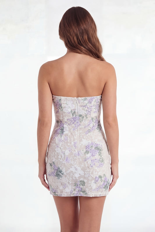 White Purple Flower Tight Short Keyhole Lace Strapless Graduation Dress