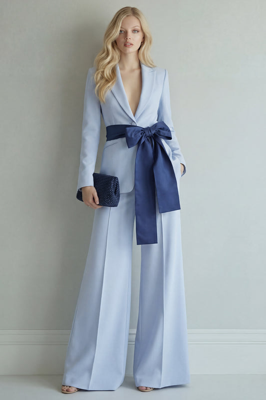 Light Blue Peak Lapel Single Breasted 2 Piece Wide Leg Prom Suits