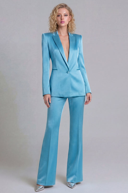 Blue Peak Lapel Single Breasted 2 Piece Wide Leg Prom Suits