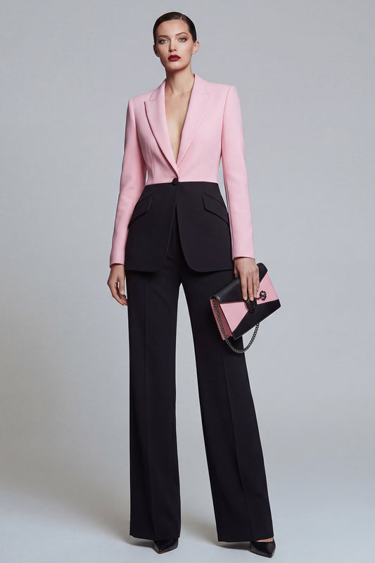 Peak Lapel Black Pink Single Breasted 2 Piece Wide Leg Patchwork Prom Suits