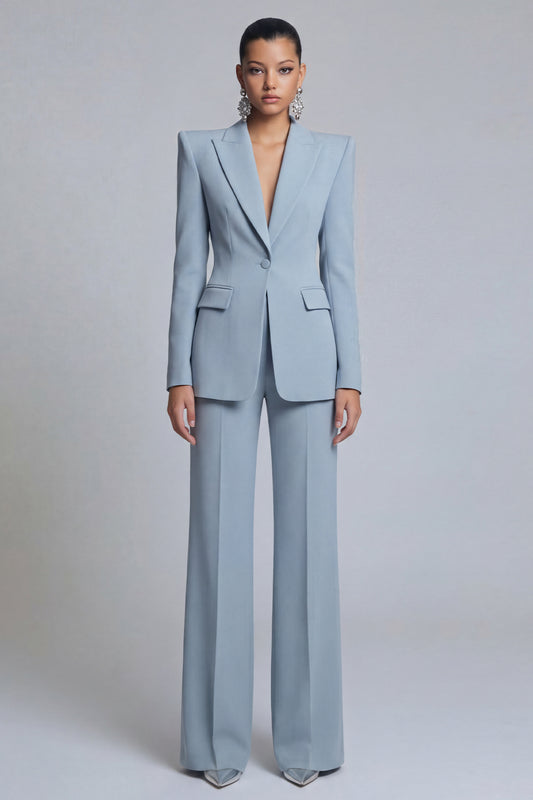 Peak Lapel 2 Piece Single Breasted Wide Leg Grey Blue Prom Suits