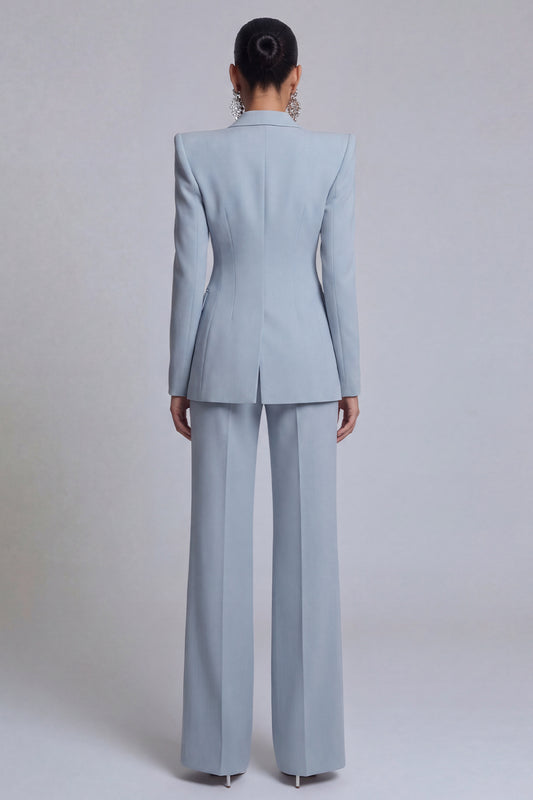 Peak Lapel 2 Piece Single Breasted Wide Leg Grey Blue Prom Suits