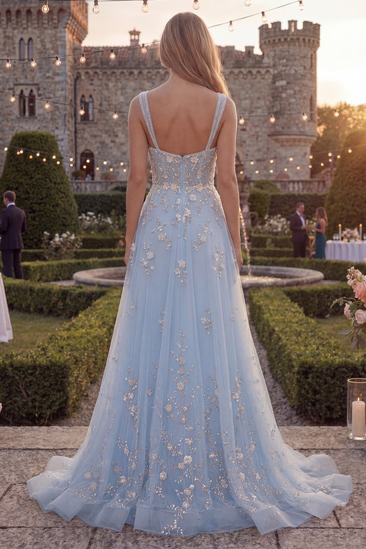 Sparkly Blue Floral A Line Thick Straps Beaded Long Prom Dress