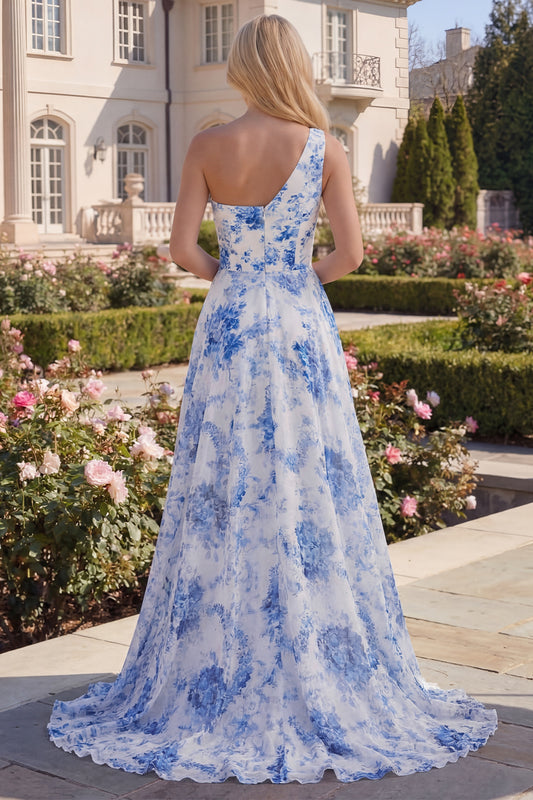 White Blue Flower A Line One Shoulder Long Prom Dress with Slit