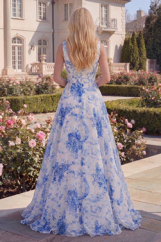 A Line Boat Neck White Blue Flower Long Prom Dress