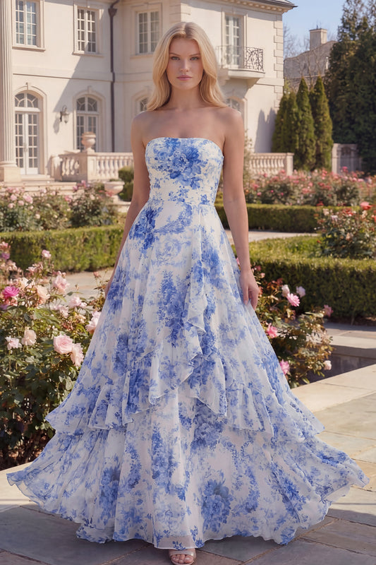 White Blue Flower Long Strapless A Line Prom Dress with Ruffles