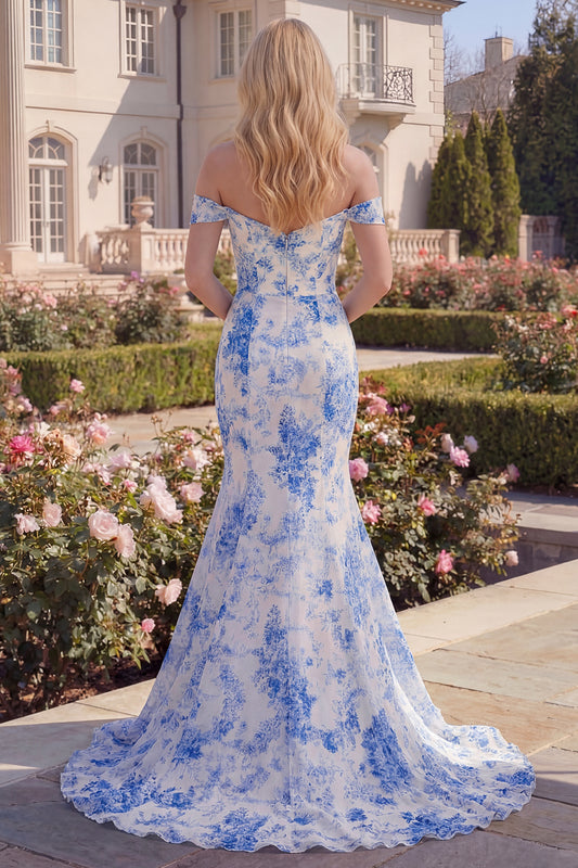White Blue Flower Mermaid Long Off the Shoulder Prom Dress