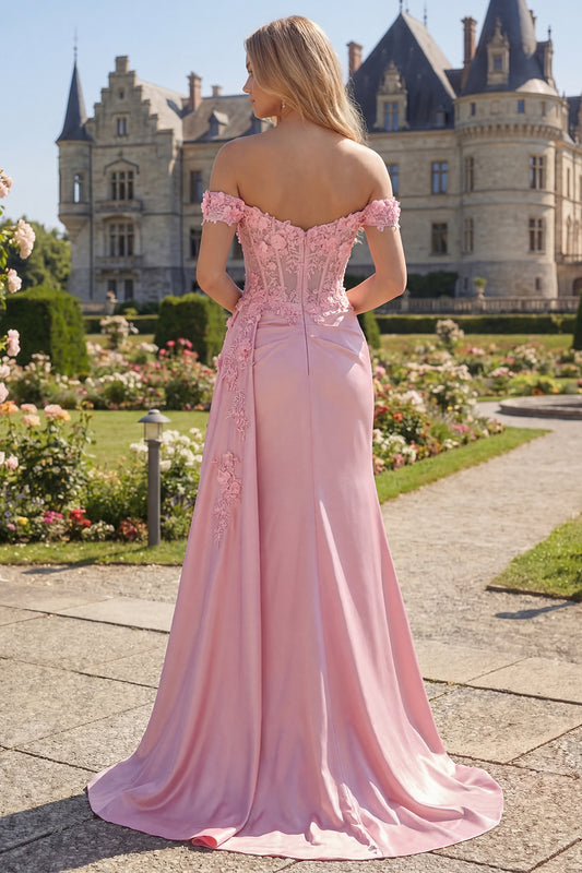Floral Pink Corset Ruched Mermaid Long Prom Dress with Side Cape