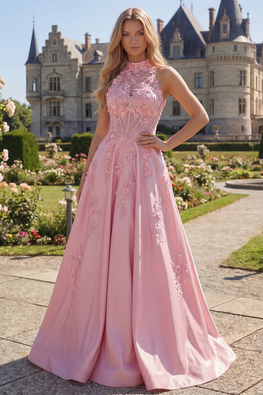 A Line Floral Pink Corset Long High Neck Prom Dress with Bow