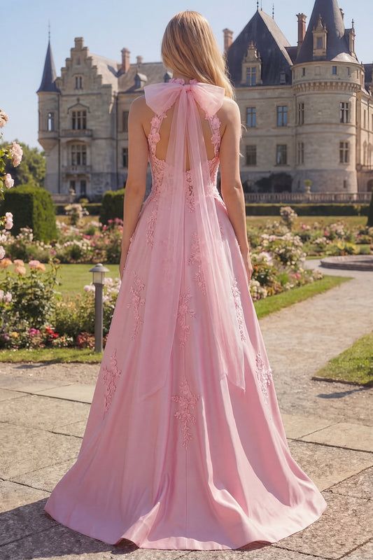 A Line Floral Pink Corset Long High Neck Prom Dress with Bow