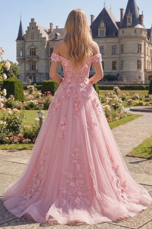 Off the Shoulder A Line Floral Pink Corset Long Prom Dress