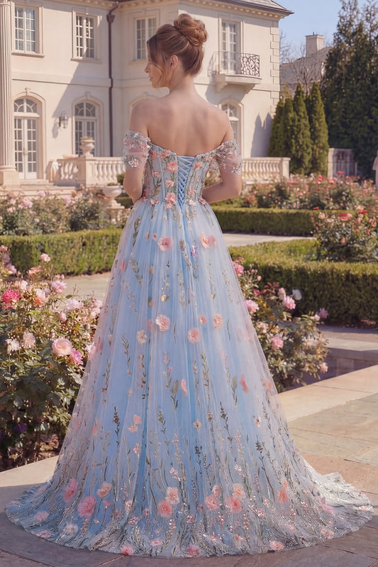 High Low Off the Shoulder A Line Floral Blue Corset Prom Dress
