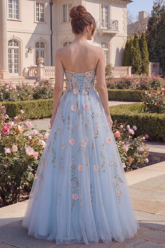 Long Strapless A Line Floral Blue Corset Prom Dress