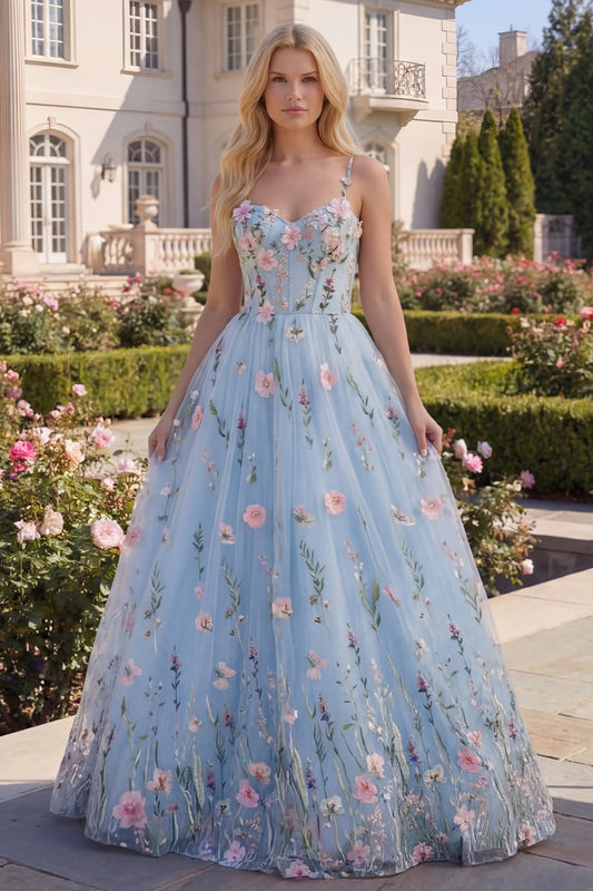 A Line Floral Blue Long Spaghetti Straps Corset Prom Dress