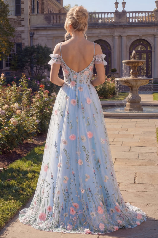 Cold Shoulder A Line Floral Blue Long Corset Prom Dress