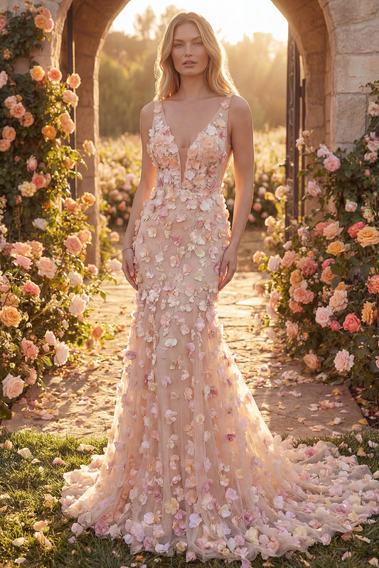 Champagne V-Neck Long Mermaid Floral Prom Dress
