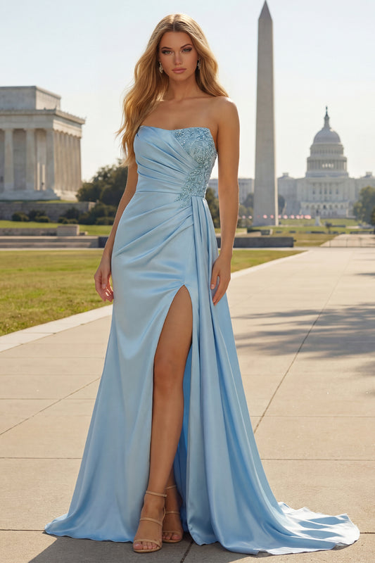 Blue Beaded Ruched Mermaid Long Prom Dress with Side Cape
