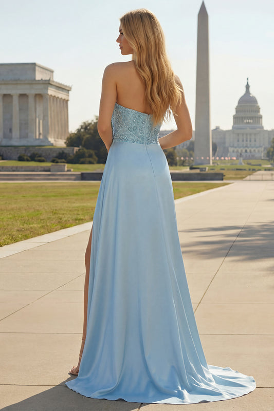 Blue Beaded Ruched Mermaid Long Prom Dress with Side Cape