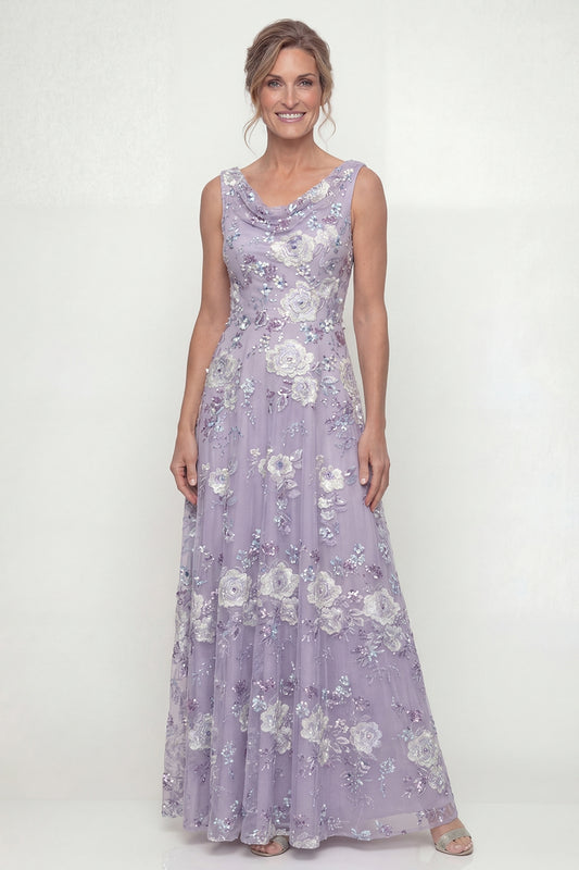 Long Floral Dusty Purple A Line Mother of the Bride Dress