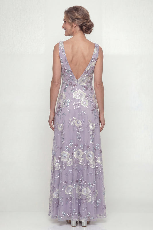 Long Floral Dusty Purple A Line Mother of the Bride Dress