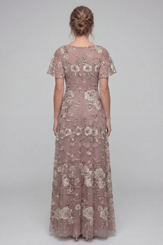 V-Neck A Line Long Dusty Rose Floral Mother of the Bride Dress with Sleeves