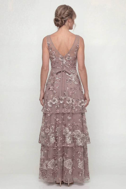 Dusty Rose Long A Line Floral Mother of the Bride Dress with Ruffles