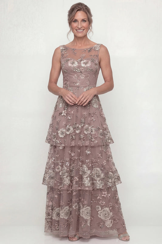 Dusty Rose Long A Line Floral Mother of the Bride Dress with Ruffles
