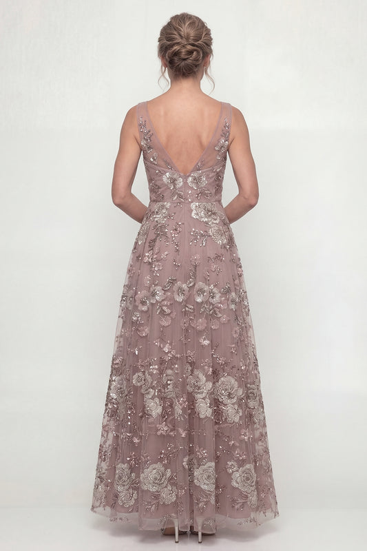 A Line Dusty Rose Long Floral Mother of the Bride Dress with Beading