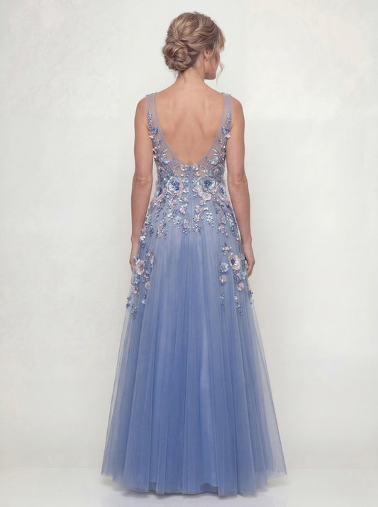 Long A Line V-Neck Dusty Blue Floral Mother of the Bride Dress