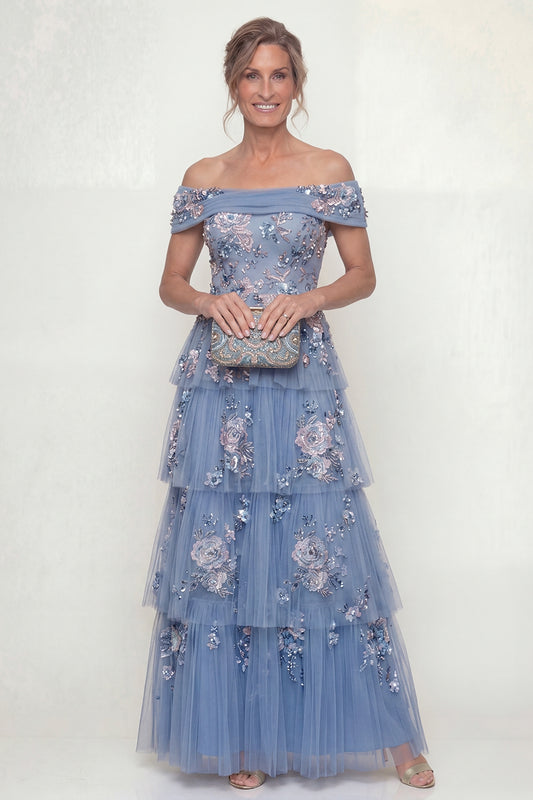 A Line Dusty Blue Floral Long Mother of the Bride Dress with Ruffles