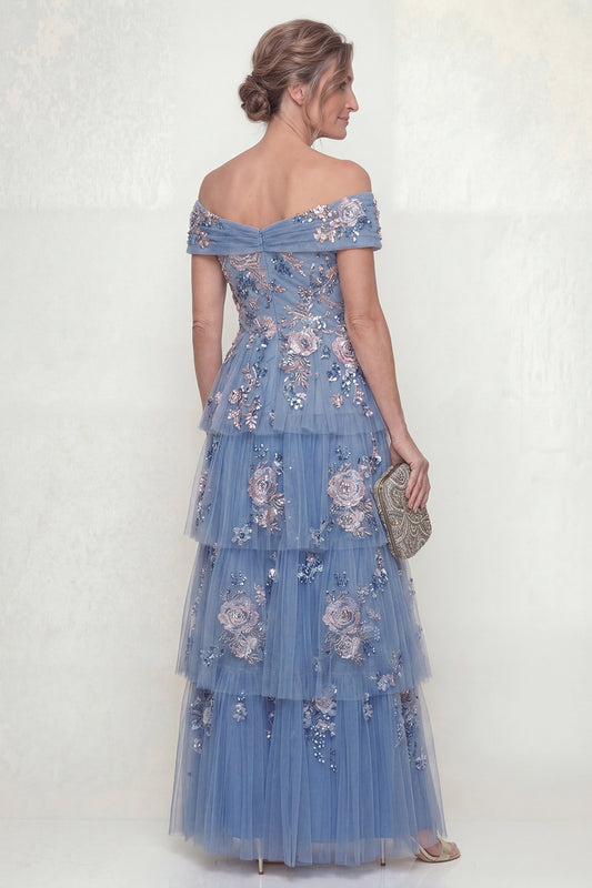 A Line Dusty Blue Floral Long Mother of the Bride Dress with Ruffles