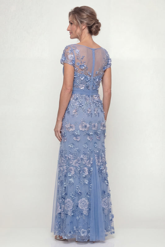 Long Ruched A Line Dusty Blue Floral Mother of the Bride Dress
