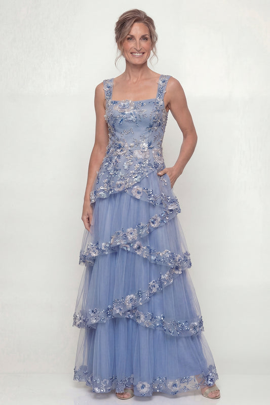 A Line Dusty Blue Floral Long Mother of the Bride Dress with Ruffles