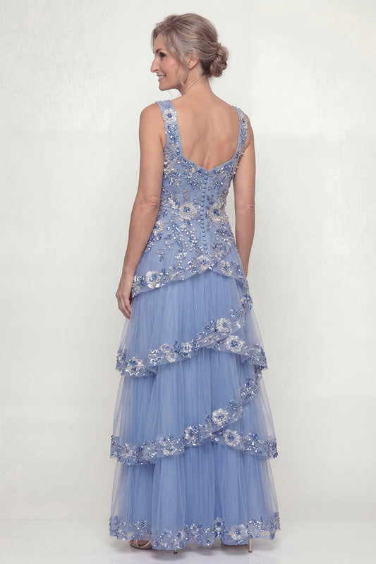 A Line Dusty Blue Floral Long Mother of the Bride Dress with Ruffles