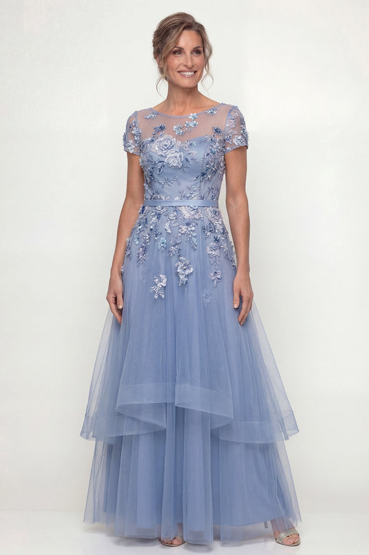 Dusty Blue Long A Line Floral Mother of the Bride Dress with Ruffles