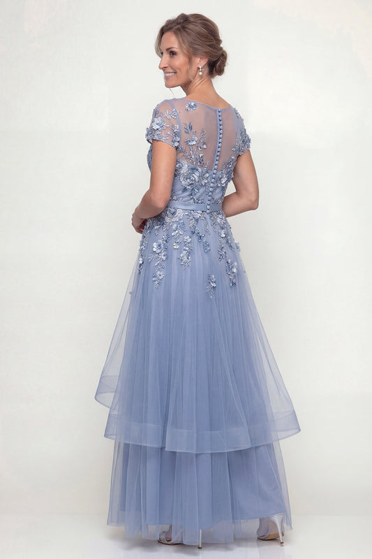 Dusty Blue Long A Line Floral Mother of the Bride Dress with Ruffles