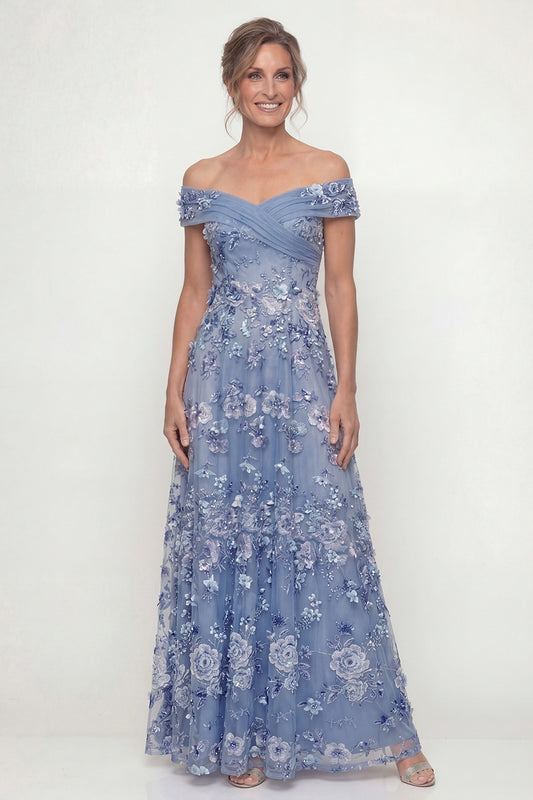 Floral Dusty Blue Long A Line Mother of the Bride Dress