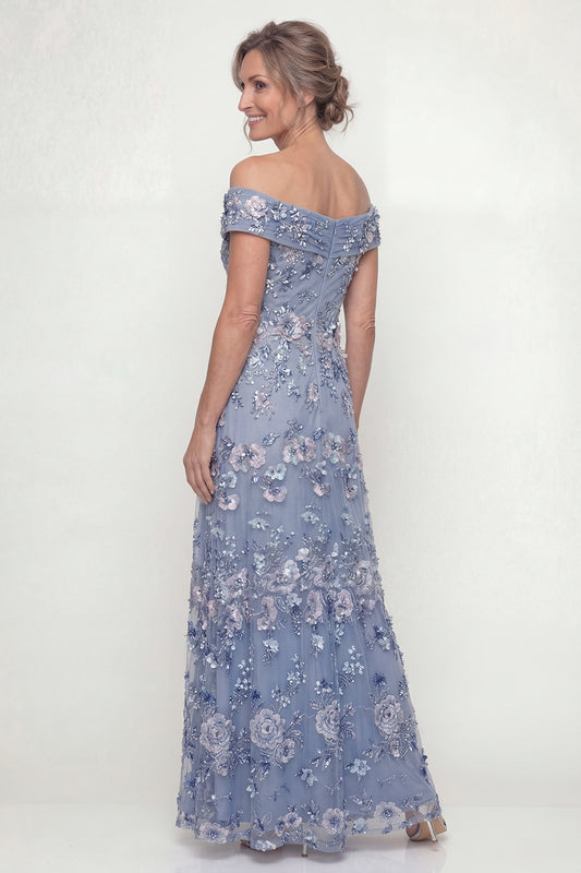 Floral Dusty Blue Long A Line Mother of the Bride Dress