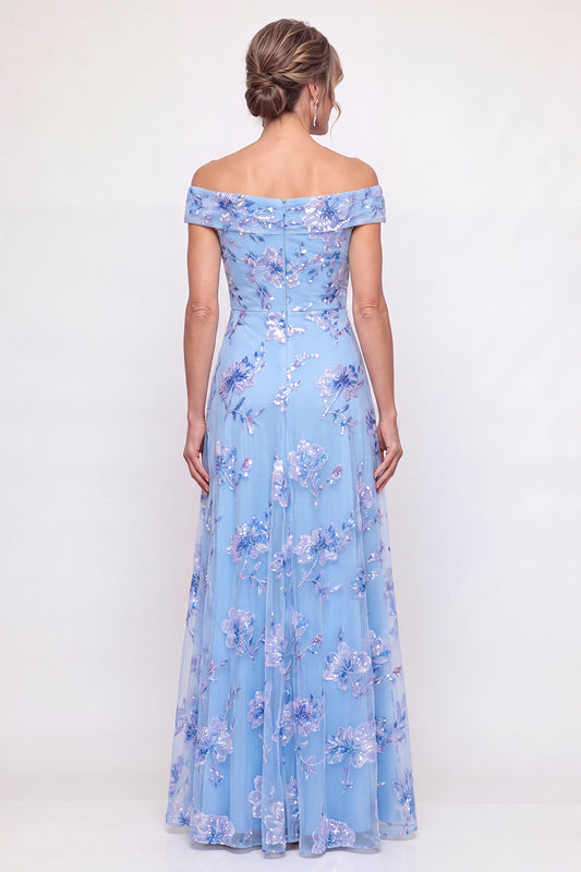 Floral Dusty Blue Beaded Long A Line Mother of the Bride Dress