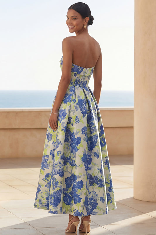 Blue Daffodil Flower A Line Floral Maxi Strapless Wedding Guest Dress