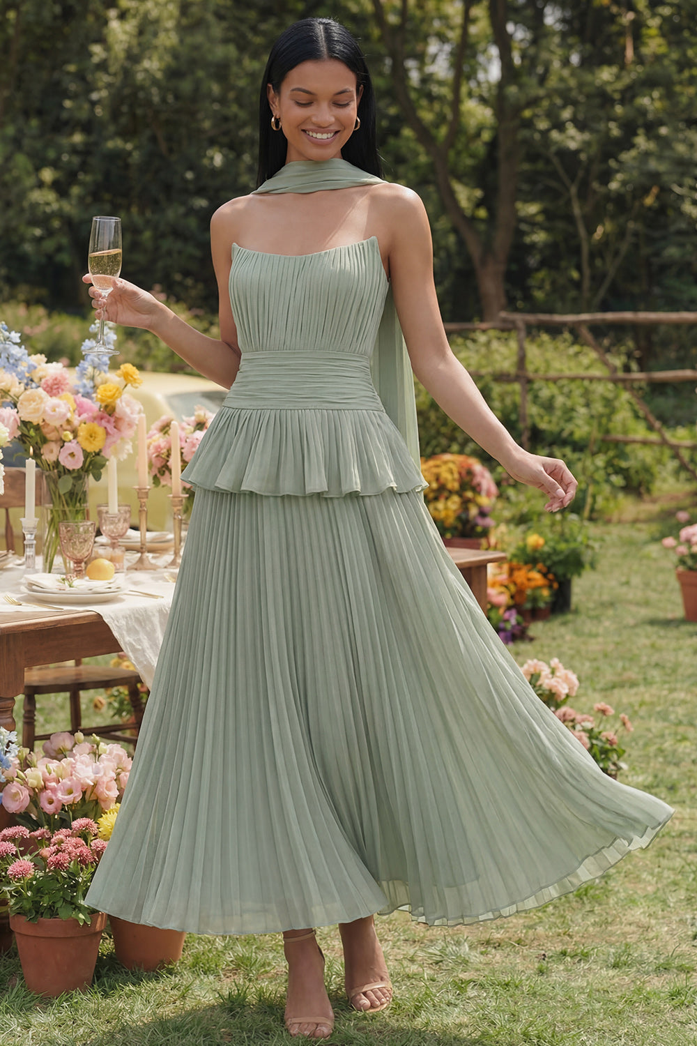 Zapakasa Women Dusty Sage Ruffled Pleated Chiffon Maxi Beach Wedding Guest Dress with Neck Scarf Strapless A Line Ruffled Formal Dress Zapakasa Women Dusty Sage Ruffled Pleated Chiffon Maxi Beach Wedding Guest Dress with Neck Scarf Strapless A Line Ruffled Formal Dress