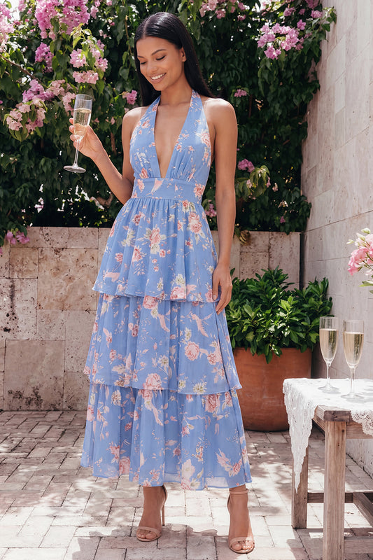 Blue Ruffled Halter A Line Floral Maxi Beach Wedding Guest Dress with Bow