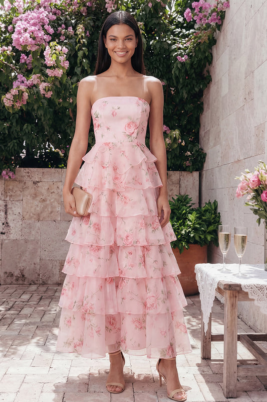 A Line Floral Maxi Strapless Pink Beach Wedding Guest Dress with Ruffles