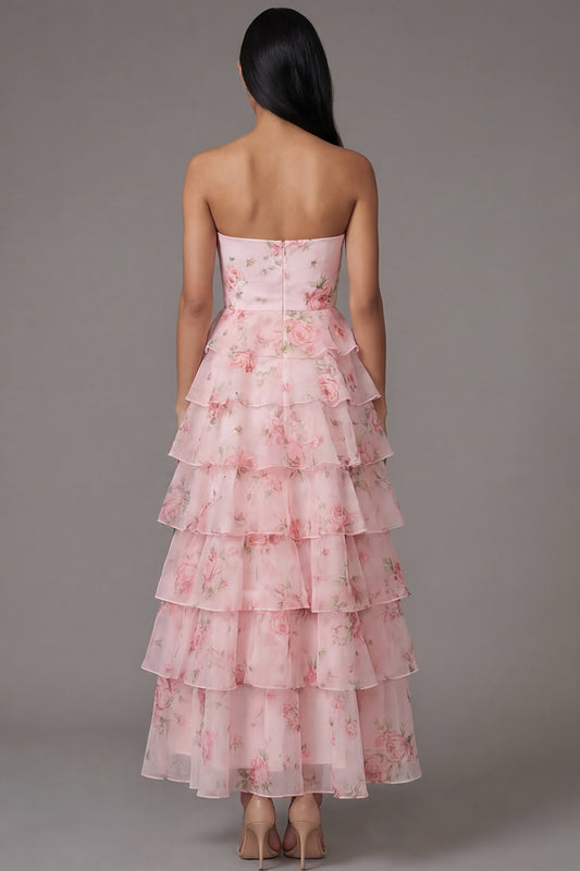 A Line Floral Maxi Strapless Pink Beach Wedding Guest Dress with Ruffles