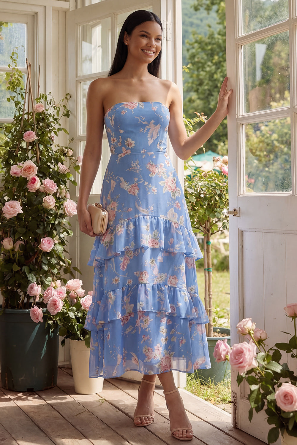 Zapakasa Women Floral Chiffon Blue Maxi Beach Wedding Guest Dress with  Ruffles A Line Strapless Formal Dress