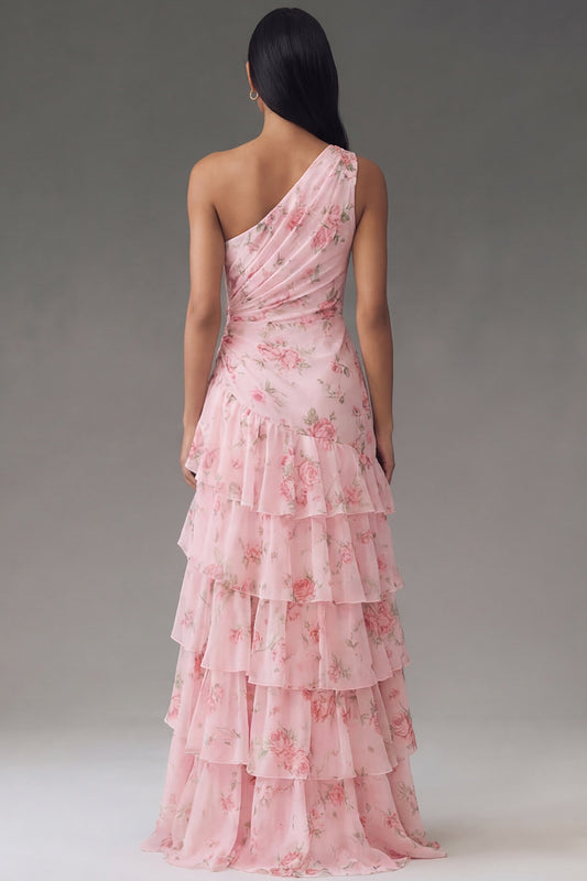 Ruffled Floral Maxi Ruched A Line Pink Beach Wedding Guest Dress with Slit