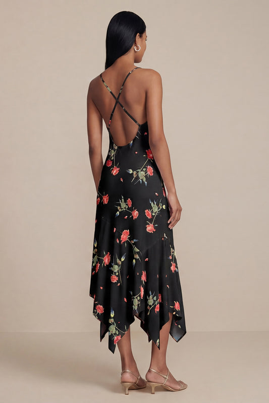 V-Neck A Line Black Floral Asymmetrical Beach Wedding Guest Dress