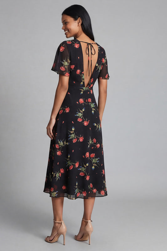 Maxi Black V-Neck A Line Floral Beach Wedding Guest Dress