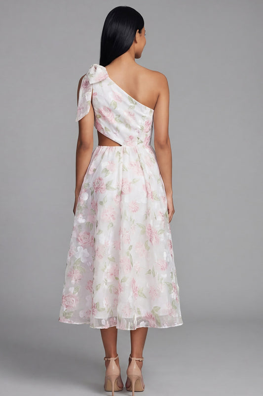 Floral Maxi A Line White Pink Flower Beach Wedding Guest Dress with Bow
